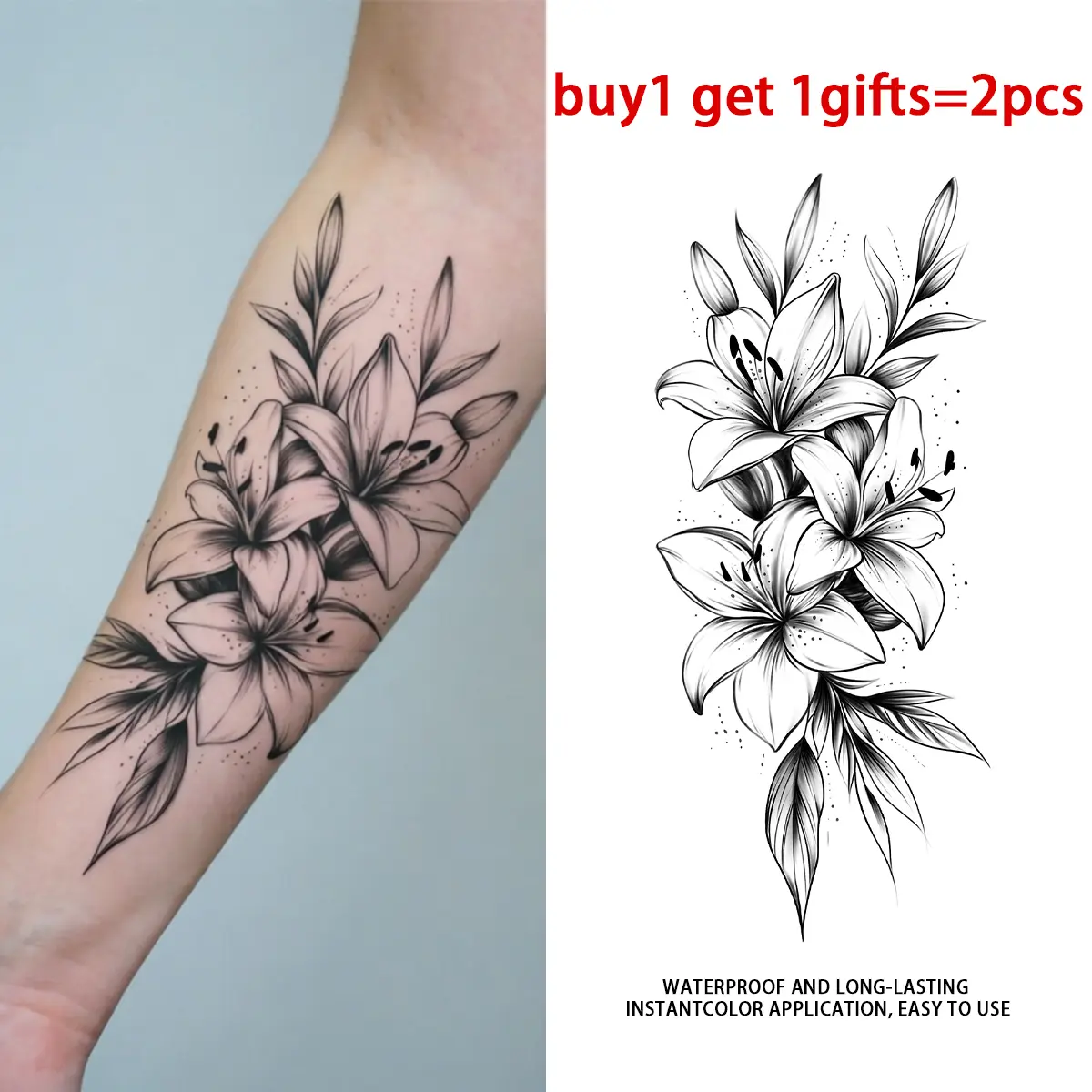 Black Grey Sketch Lily Floral Bouquet Series Temporary Tattoo Stickers - 2 Sheets Long Lasting 30 Days Semi-Permanent Waterproof Sweat Resistant Non-Reflective Realistic Fake Body Tattoos, Large Forearm Sleeve Body Art for Women Teen Girls