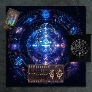 4PC 12 Zodiac Signs Decorative Tarot Card Reading Set - This 4-piece set is for tarot scholars to use in a tarot astrology kit. It includes 1 set of 78 tarot cards, 1 polyester drawstring bag, 1 tablecloth, 1 pendant, and a party supplies set.