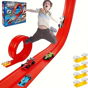 Children Elastic Track Toy Car Set, 16.4ft Race Ramp with Suction Cups, Portable Foldable Track Play Anywhere for 1/64 Model Cars, Birthday Gift for Boys & Girls