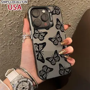 Black Small Butterfly Pattern Case for iPhone 16 15 14 Pro Max 13 12 11 XR XS E Plus Shockproof Anti-Scratch Durable PC Back Protective Cover