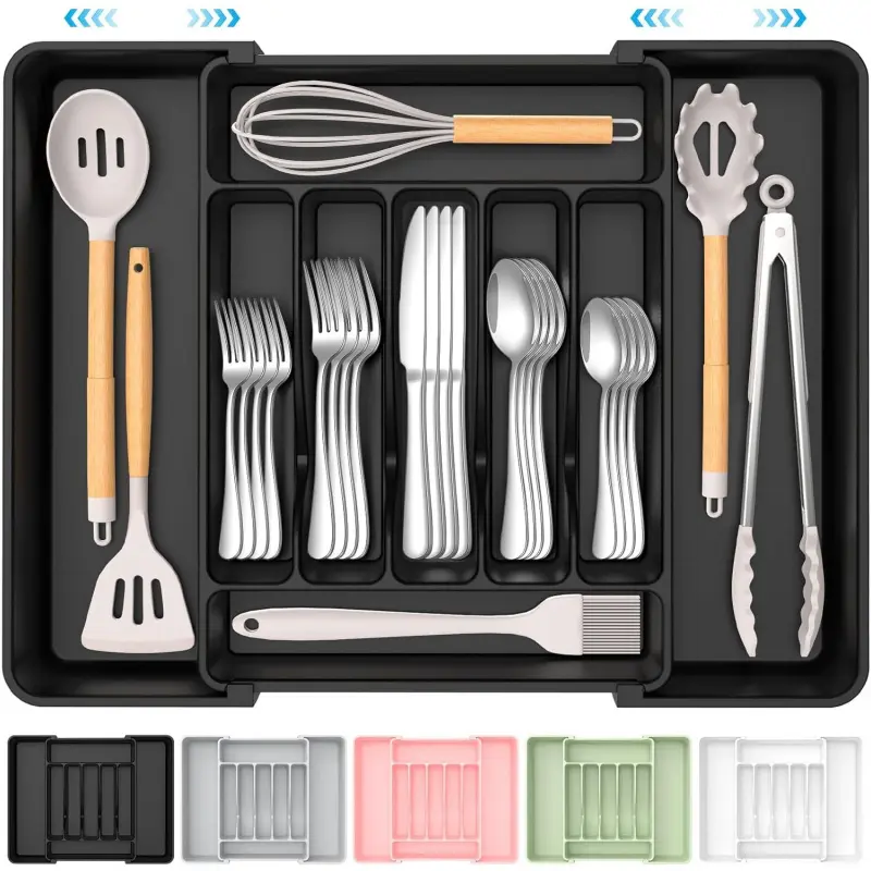 Expandable Silverware Organizer, BPA-Free Food-Safe Cutlery Flatware Organizer, Kitchen Utensil Drawer Organizer, Adjustable Silverware Storage for Spoons Forks Knives, Black