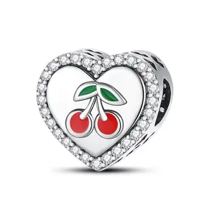 Silver-Plated Cherry Heart-Shaped Fruit Bead - DIY Pendant Charm for Bracelets, Necklaces, Keychains, Women’s Birthday Gifts
