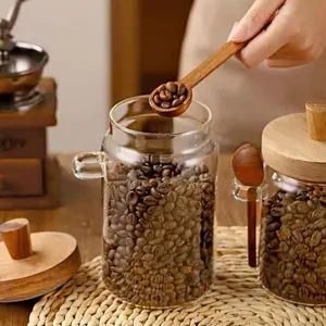 ANSQU 20.3oz Coffee Sets Coffee Jar Glass Jar with Wooden Lid & Spoon Coffee Jar for Grounds Airtight Bamboo Storage Canister for Kitchen Utensils  Christmas Gift Set Stock Up Christmas Decorations