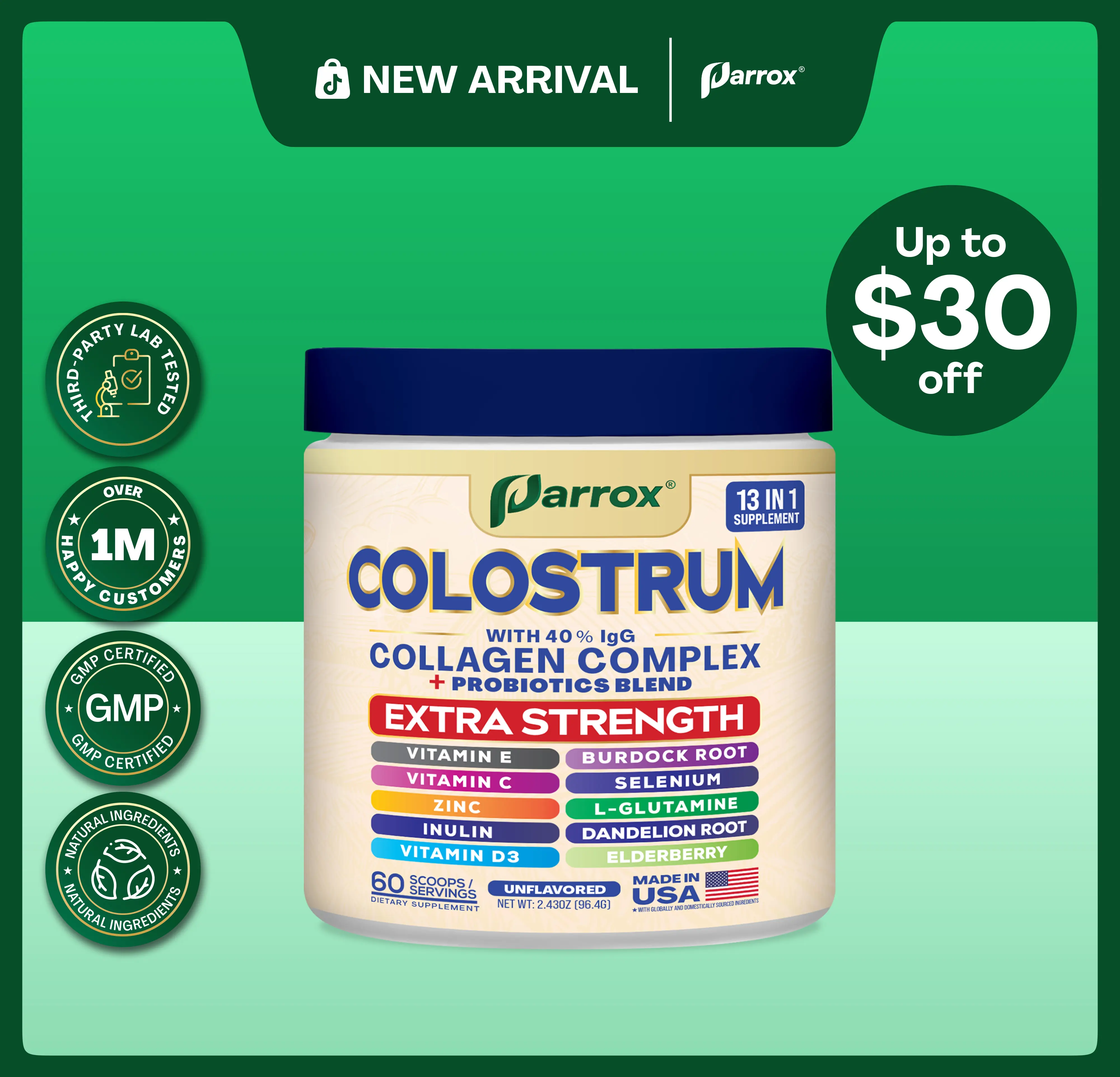 PARROX Colostrum Powder - Collagen Complex & Probiotics Blend - 13 in 1 Dietary Supplement with Extra Strength Ingredients - Made in USA - 60 Servings