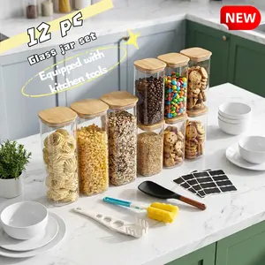 12-piece glass jar kitchen tool set: 3 pieces: 2200 ml , 6 pieces of 1000 ml , square wide-mouth transparent glass food storage containers, which can be used to store coffee beans, noodles, nuts and other glass kitchen utensils; It's a good gift.