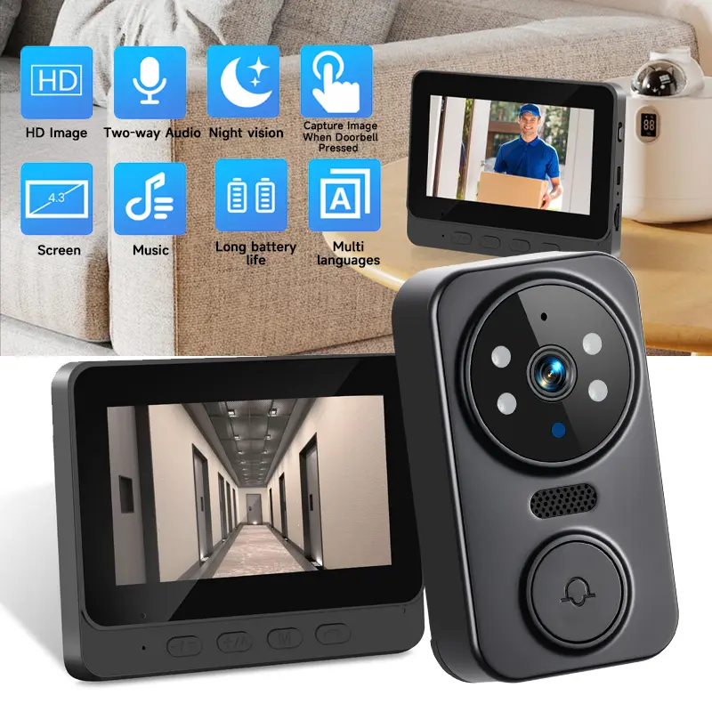 Wireless Smart Video Doorbell Camera for Cats & Dogs - 4.3-inch Color Screen, 2.4G Connectivity, Night Vision, Long-Lasting Batteries, 2-Way Audio Intercom, Recording, Indoor Chime, Accessories, 64G TF Card, Wireless Video Doorbell