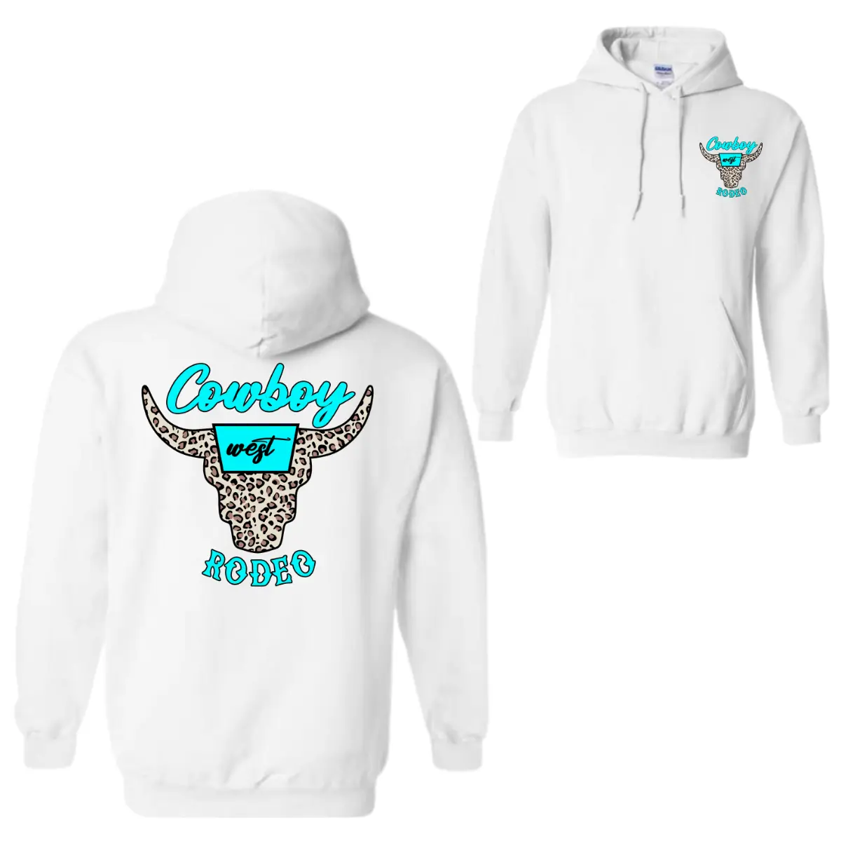 Men's Western Bull Skull Hoodie - Long Sleeve Cotton Casual Tops, Cowboy Rodeo Graphic Pullover, Teal Leopard Print Country Vintage Apparel, Rodeo Fan Gift