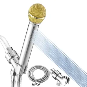 Gold+Chrome High Pressure Microphone Shower Head Complete Set - Handheld Shower, Metal Holder, Hose, Tool-Free Installation, Ideal Birthday Gift for Music Lovers
