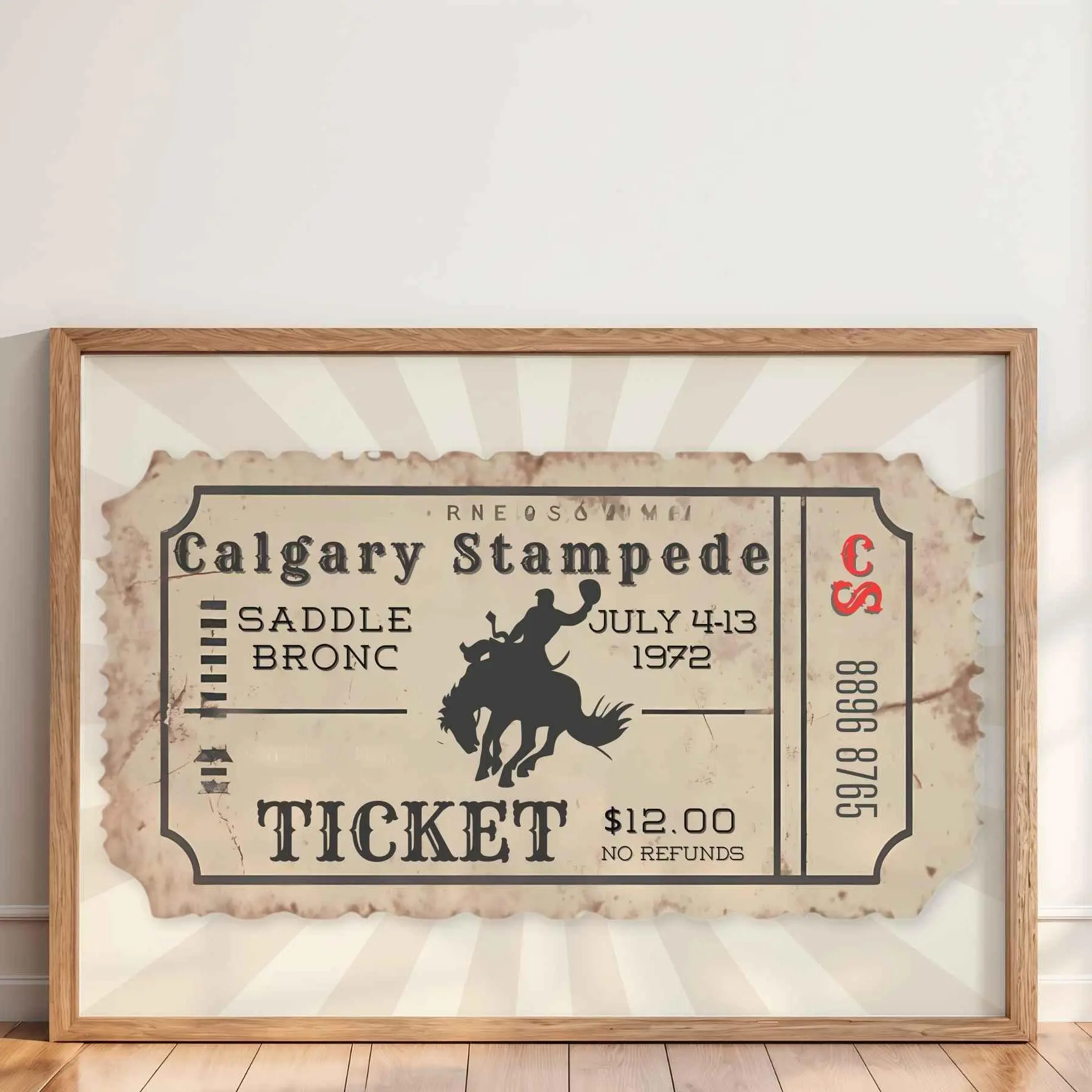 Vintage Rodeo Poster, Retro Calgary Stampede Ticket, Western Cowboy Print, Rodeo Bronc Rider, Bar Cart Decor, Physical Wall art for him