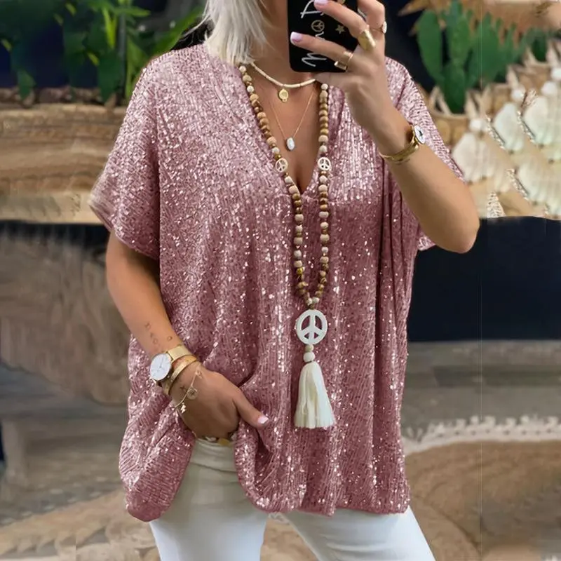 Gold Sequin V - Neck Top Shimmering gold sequin top, V - neck, relaxed fit. Perfect for parties, adds instant glamour. Easy to style with jeans or skirts. A must - have for a dazzling look.