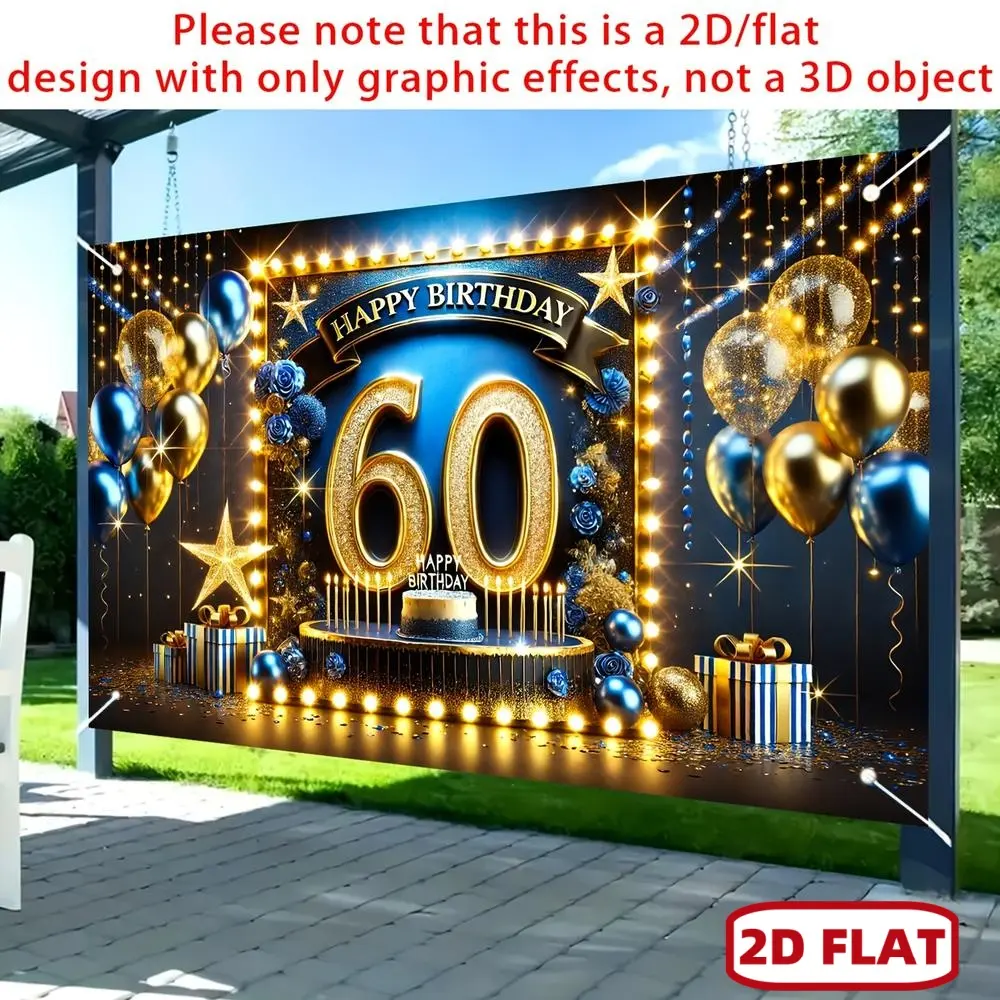 Ujoli 1pc Durable Soft Glam 2D Flat Polyester Fiber Banner - Blue & Golden Adult 60th Birthday Celebration Backdrop with Balloons, Stars, Gift Boxes - All-Season Textile Decor