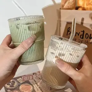 Two-Piece Set Vertical Stripe Glass Cups, Coffee Cup with Lid and Straw, Home Use Iced Americano Water Bottle, Latte Beverage Glasses