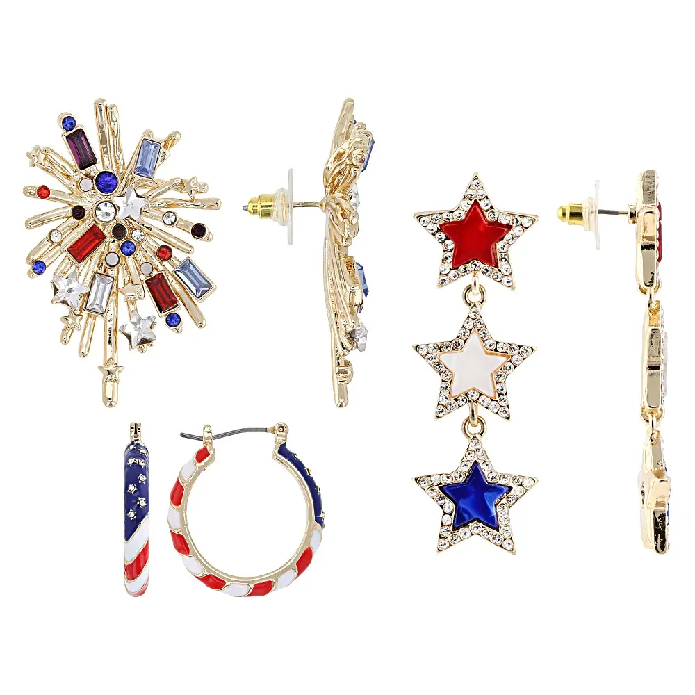 Earring Set of 3 for Women, Multi-Color Patriotic Gold Tone Acrylic Hoop, Stars, and Firework Dangle Earrings, Pride, Plastic, Female, Adults, 1.07"L X 0.17"W, 2.24"L X 0.74"W, Push And Latch Backing