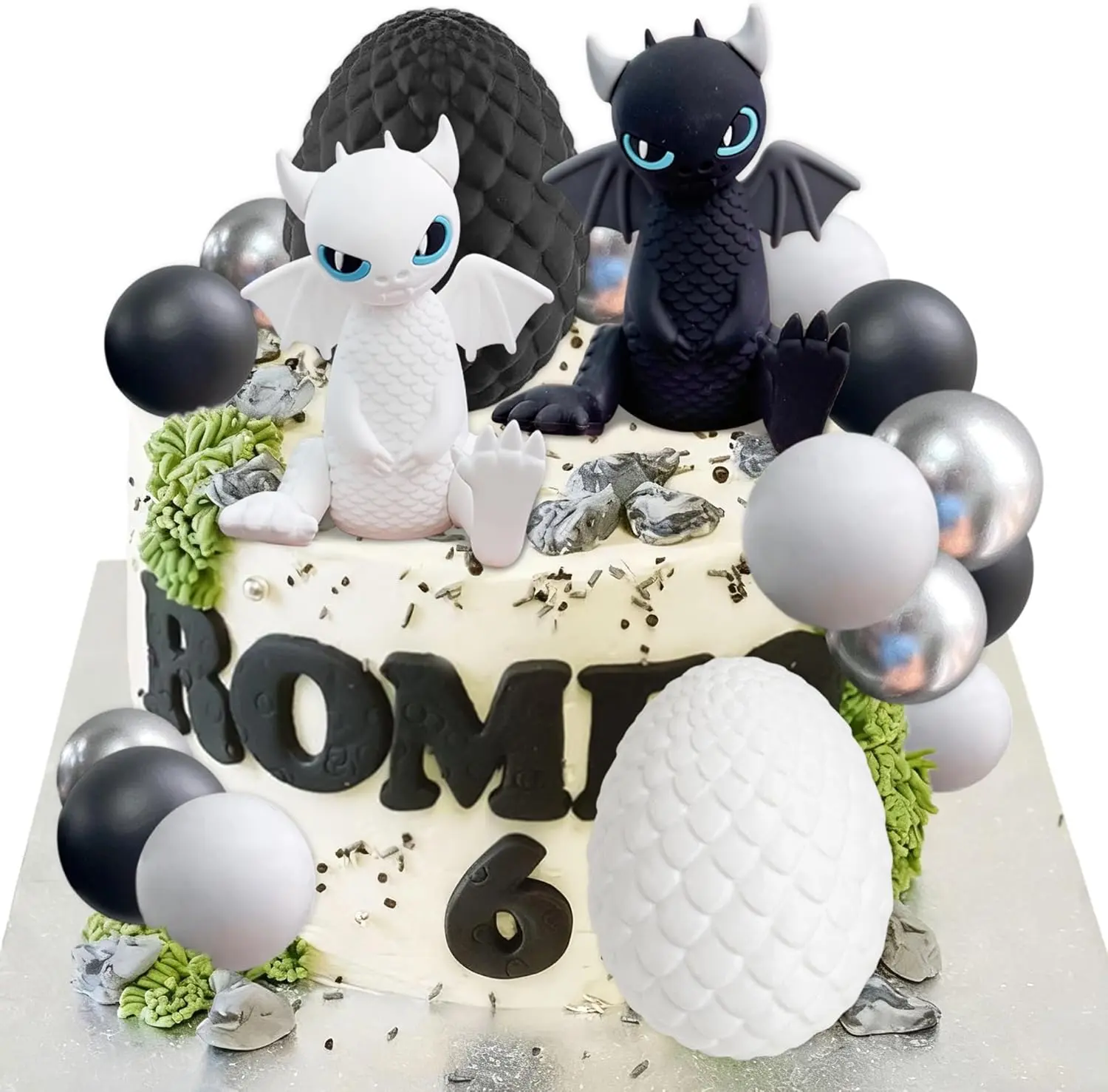 Black & White Dragon Cake Toppers Set with Dragon Egg Decorations & 15 Dragon Party Balls for Fantasy Baby Shower Birthday Wedding Party Supplies