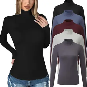 5 Pack Womens Long Sleeve Tops Mock Turtleneck Basic T Shirt Fall Stretch Tight Fitted Thermal Shirts
