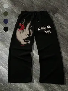 Men's Vintage Printed Drawstring Flared Pants with Pockets, Casual Street Style for Winter Fashion, Trendy Everyday Wear, Casual Bottoms