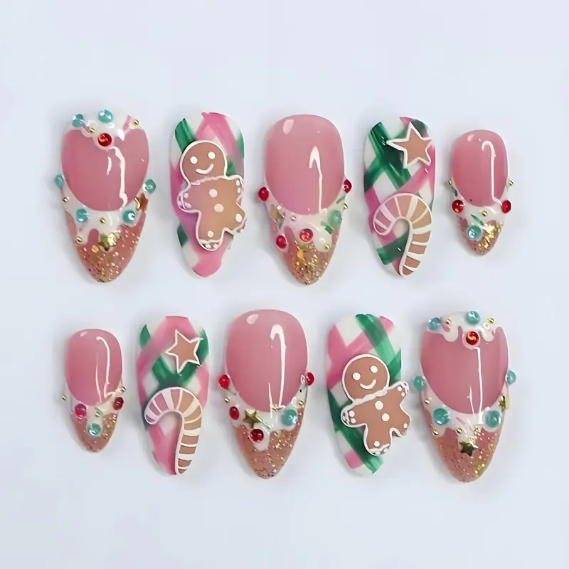 Christmas Nails Medium Almond Shape Press on Nails 3D Gingerbread Man And Christmas Crutch Star Water Glitter Design Full Cover Nails 30pcs