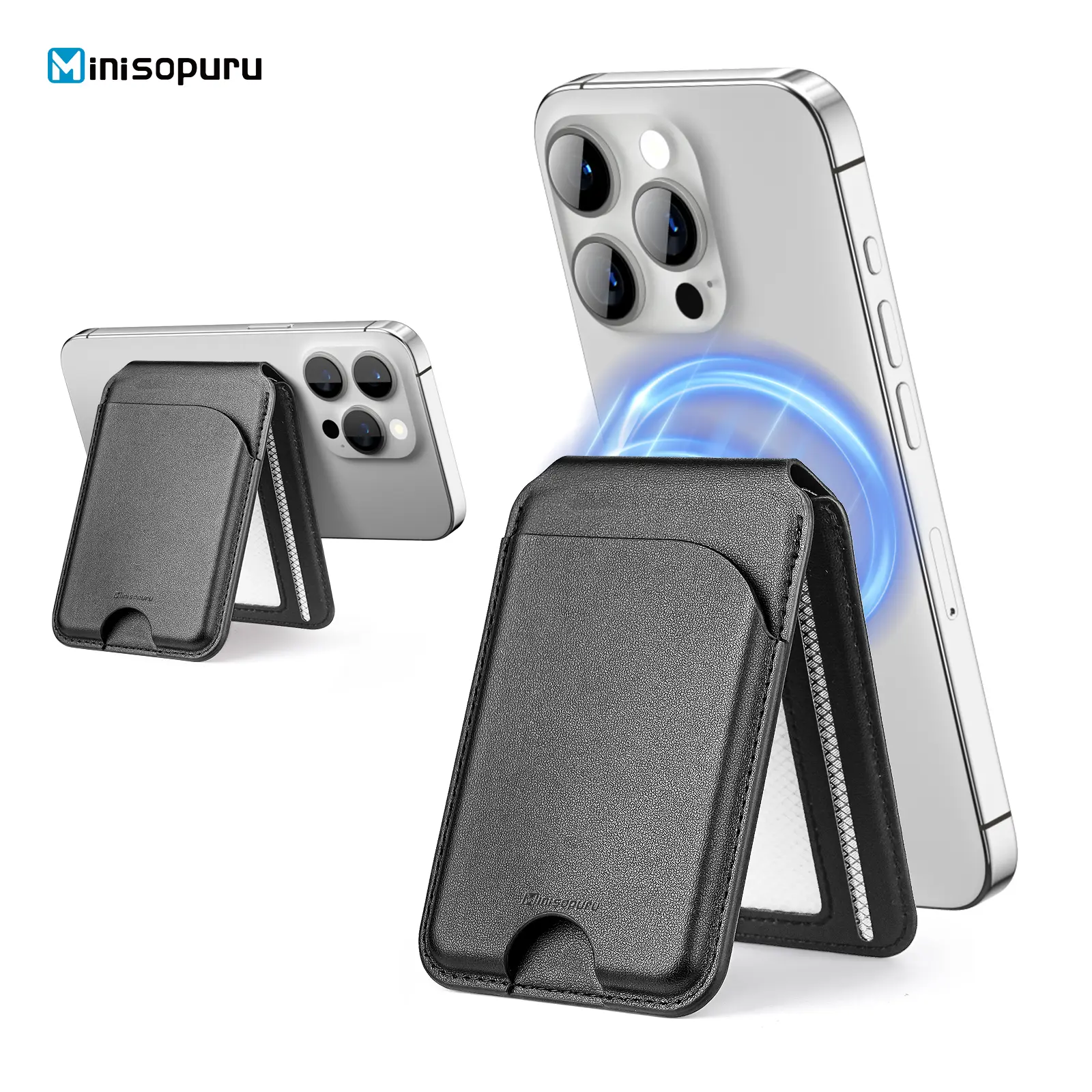 Minisopuru MagSafe Wallet with Adjustable Stand Compatible with Magnetic Wallet for Phone Leather Magsafe Card Holder for iPhone 17/16/15/14/13/12 series Only supports products with MagSafe. Strong Magnetic&3 Card  Case. Black Cellular