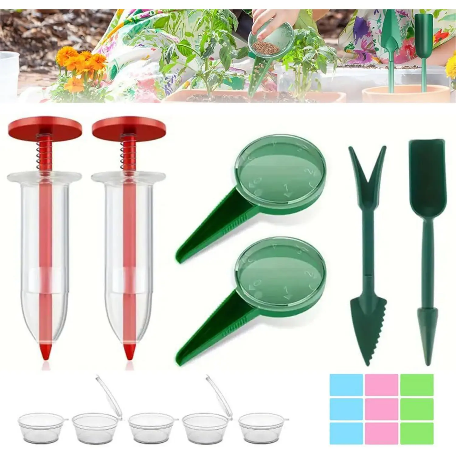12PCS Durable Plastic Compact Portable Handheld Garden Spreader Tool Set - Mini Sower Dispenser with Adjustable Dial, Ergonomic Design to Evenly Distribute Seeds, Ideal for Outdoor Planting (Fits Peony Cages, Tomato Planter Pots)