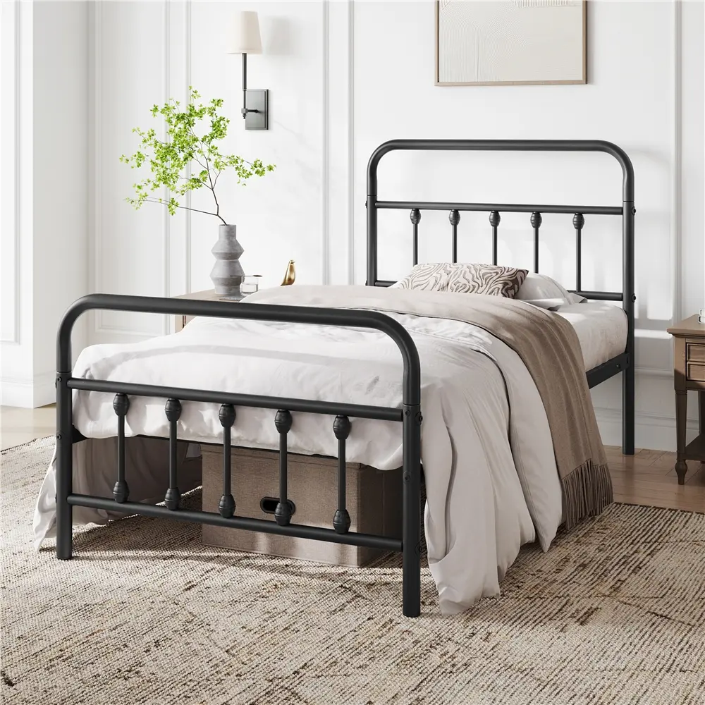 Costoffs Victorian-Inspired Metal Platform Bed Frame with Decorative Iron Headboard & 12.6-Inch Storage Space, Available in Twin/Full/Queen/King, Black,dorm essentials,home decor