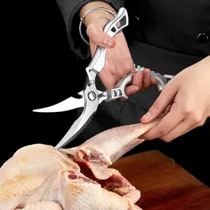 Poultry Shears Heavy Duty Professional, Multipurpose Kitchen Shears, Spring-Loaded Stainless Steel Chef Scissors Cutting Bone, Chicken, Fish, Food, Meat, Full Steel Handle Silver