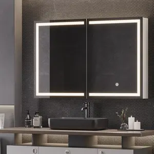 【Mother's Day】Hasuit Lighted Medicine Cabinet with Mirror, Wall Mounted Bathroom Mirror with Storage, 2 Doors Bathroom Wall Cabinet with LED Lights, 35.4'' x 23.6''