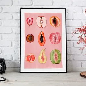 Unframed "Sliced Feminine Fruit" Vintage Poster: A signed art piece that champions women's bodies, fostering empowerment & body positivity. Ideal for room decor, it brings an inspiring, unique vibe. Great as cover art & decoration photo.