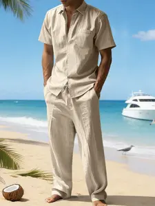 Men's All-Season Linen Breathable Two-Piece Co-Ord, Short Sleeve Button-Up Shirt + Drawstring Trousers, Comfortable Casual Wear For Home, Travel And Daily Life