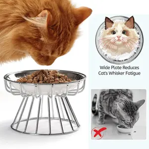 Shallow Elevated Cat Bowl, 6.2 Inch Wide Raised Ceramic Cat Dish with Stainless Steel Stand, Whisker-Friendly Design, Pet Water or Food Plate Feeding Station for Indoor Cats and Kittens outdoorfun