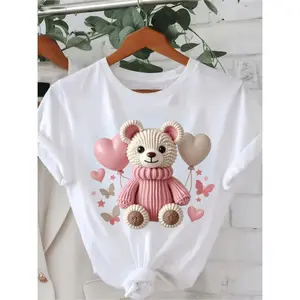Women's Casual TShirt Featuring Adorable Teddy Bear and Balloon Print Short Sleeve Round Neck Lightweight and Stretchy for Daily Wear Effortless Girly Style Comfortable Fit