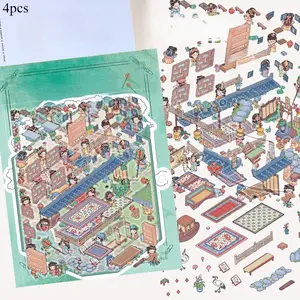 Four Transparent PET Stickers for A Charming Town Scene, Suitable for Waterproof DIY Creative Decorations on Suitcases, Phone Cases, Laptops, Helmets, and Skateboards.