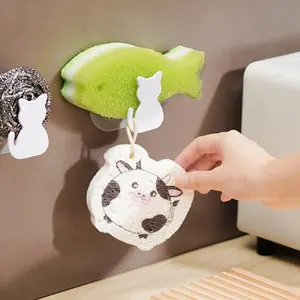 2pcs Casual Style Wall Mountable Cat Shape Sponge Holder, with Wall Hook, Easy to Install, Adjustable, for Kitchen Sink, Bathroom, Utility Hooks, Plastic Material, with Wall Hook, Easy to Install, Adjustable, for Kitchen Sink, Bathroom, Utility Hooks