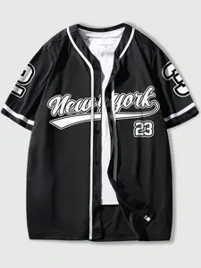 Men's Trendy New York Baseball Cardigan, Button Short Sleeve T-Shirt, Sporty Style, Classic, Casual Wear, Outdoor Sports