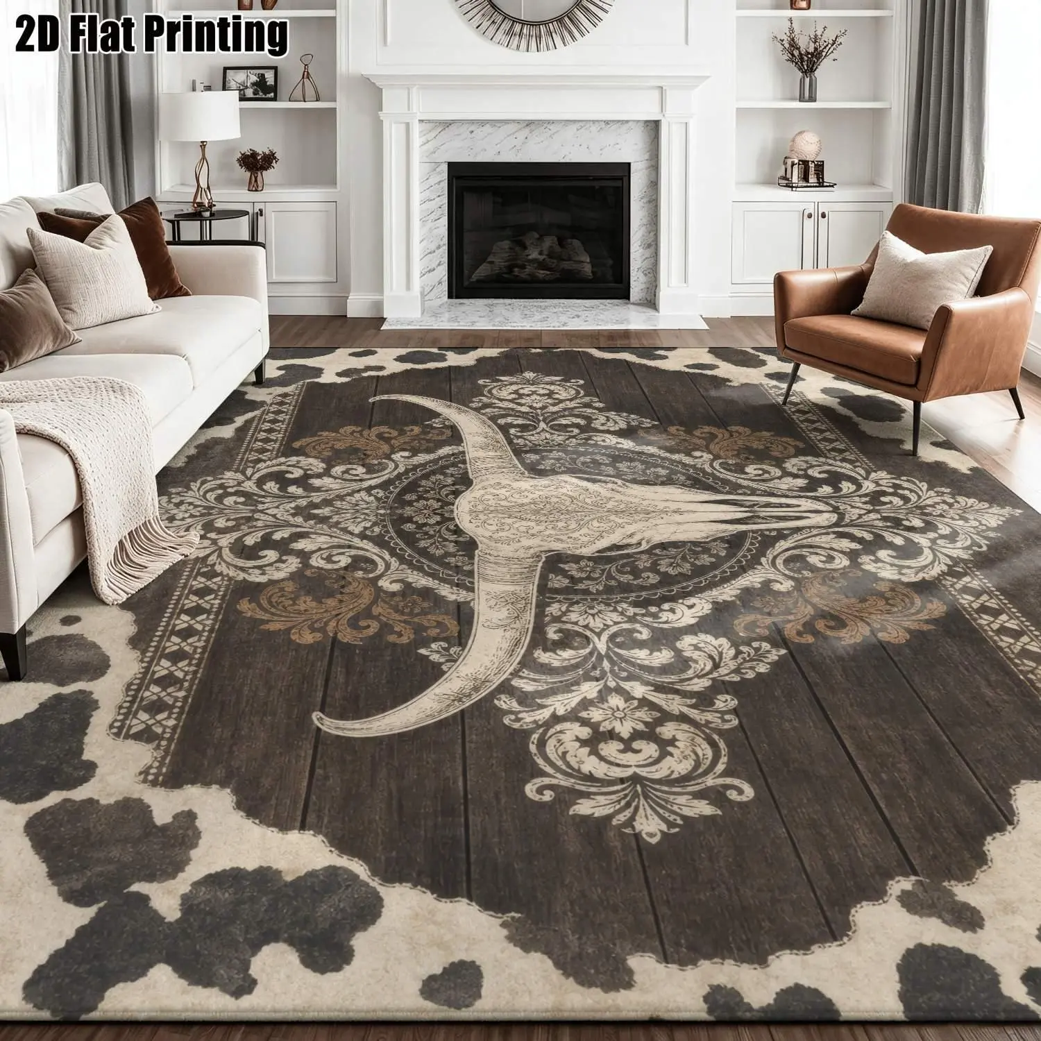 Large indoor area rug, soft velvet low pile, non-slip dotted backing, machine washable, Western rustic cowhide border rug with longhorn skull dark wood pattern, great for living room, bedroom, farmhouse decor