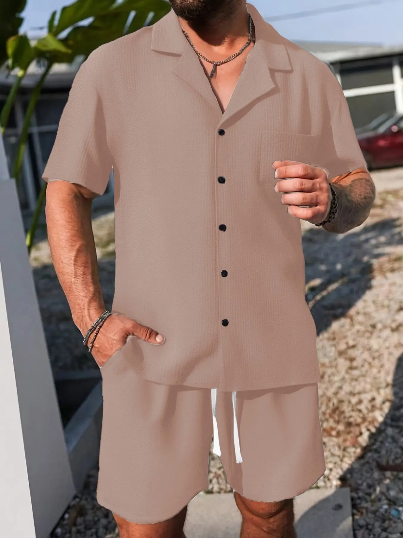 Men's Waffle Two Piece Set, Button Down Shirt and Shorts, Lightweight Casual Lounge Set with Pockets, Soft and Breathable for All Day