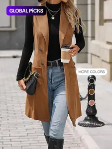 Women's Solid Button Decor Lapel Neck Suede Woven Fabric Fitted Vest Blazer, Casual Style Sleeveless Pocket Open Front Longline Outerwear for Spring & Fall, Ladies' Clothes for Daily Wear Womenswear