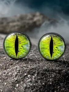 1 pair Neon Green Dragon Eye Stud Earrings, Gothic Glass Eyeball Jewelry, Punk Alternative Accessories