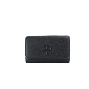 Tory Burch Thea Small Black Pebble Leather Flat Wallet Crossbody Handbag