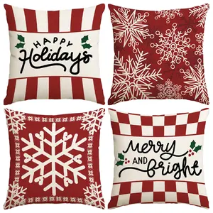 4pcs red retro Christmas decorative pillowcases, diverse snowflake striped holly leaf holiday happy printed cushion cover, 18x18 inches, checkerboard happy and bright pattern pillow cover, winter holiday home sofa decoration (no pillow core)