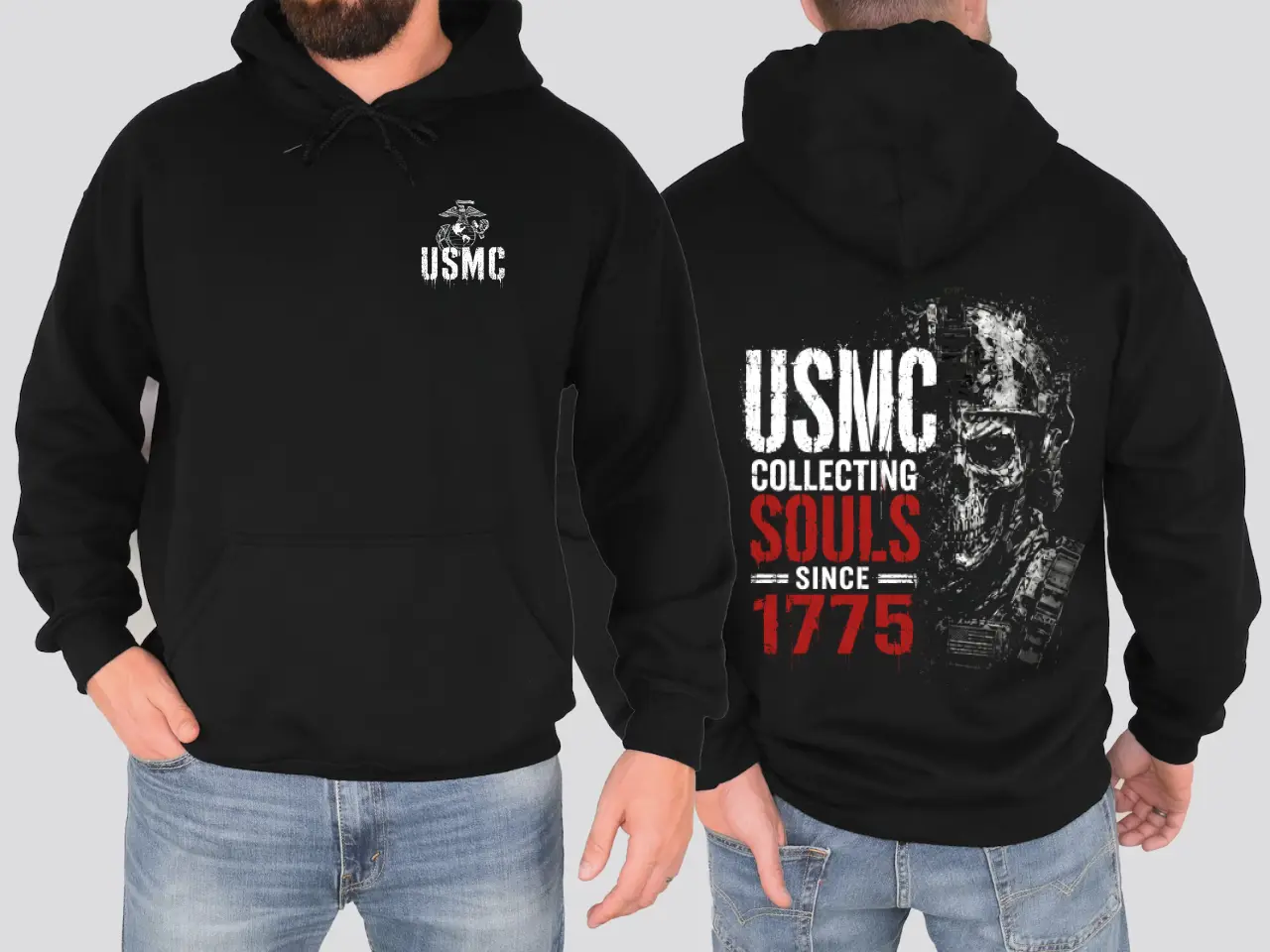 USMC Collecting Souls Since 1775 Skull Hoodie, Patriotic Marine Veteran Graphic Sweatshirt, Military Pride Pullover, Tactical Gift for Men