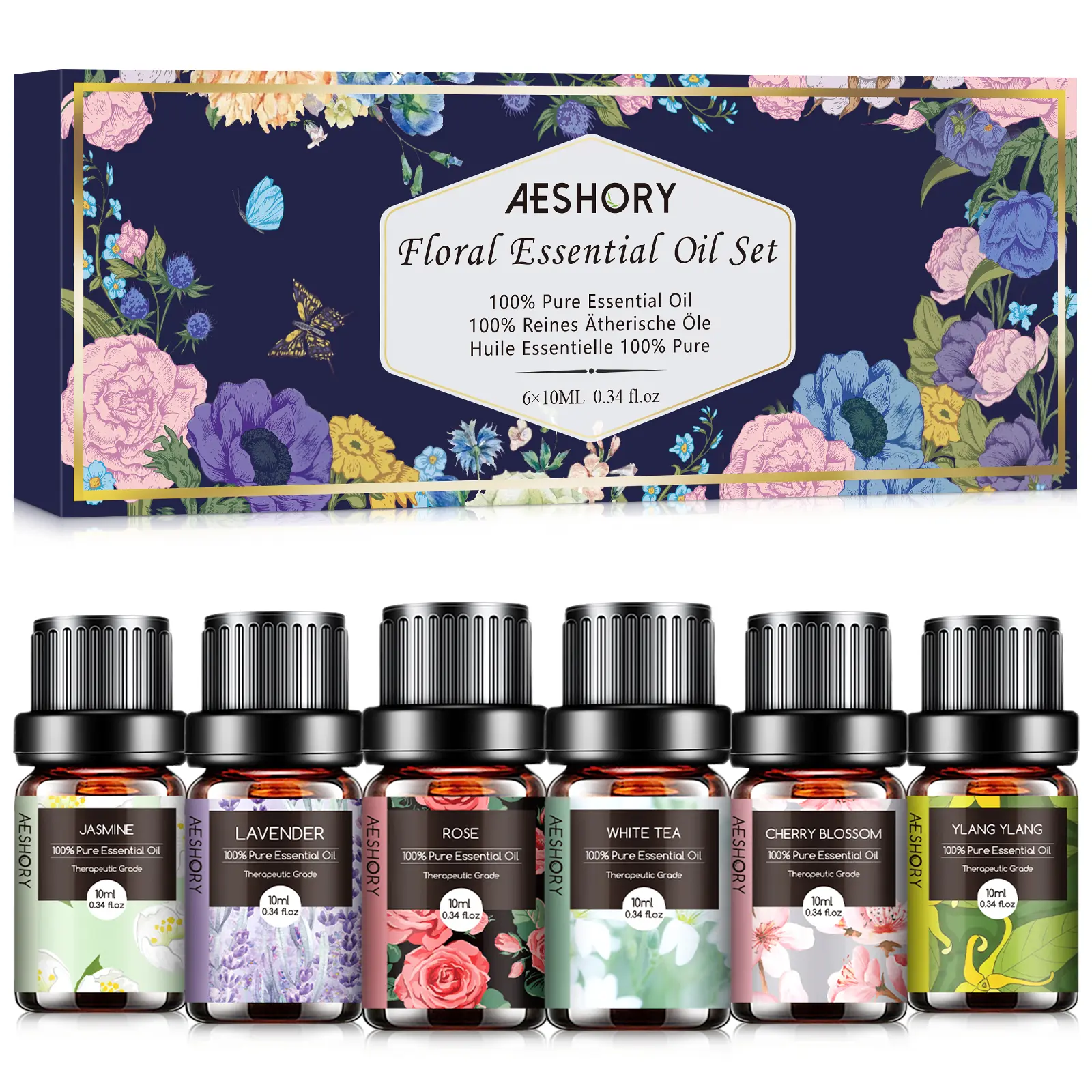 Floral Essential Oils Set - 6x10ML Fragrance Oil for Diffusers, Massage, Aromatherapy, Candle Making - Lavender, Rose, White Tea, Jasmine, Ylang-Ylang, Cherry Blossom Scented Oil Healthcare Healthy Wellness Therapeutic Solution Fitness Treatment Natural t