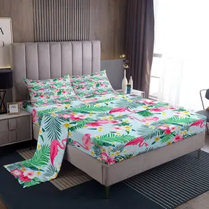 Feelyou Breathable Tropical Bedding Set - Flower Printed, Rustic Design with Palm Leaves, Dots, Blue Dreamy Plants, Fitted + Flat Sheets for Kids Room Decor (Multi-Size), Flower Printed Bedding
