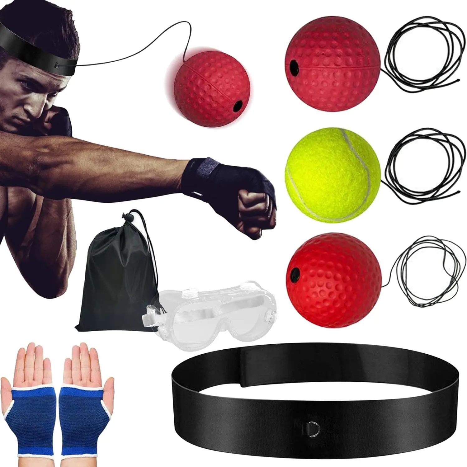 Reflex Ball Set - Boxing Training Equipment for Adults, Adjustable Headband, Goggles, Hand Wraps Included for Reaction & Accuracy Training