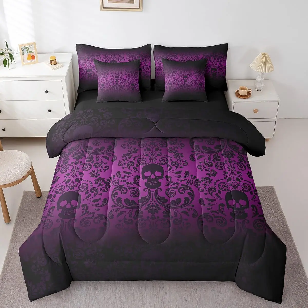 Feelyou 7-in-1 Microfibre Bedding Sets Collections - Ultra-Soft Breathable Damask Gothic Print Set with Machine Washable Adult Antique Victorian Comforter, Lilac Purple Sugar Skulls Sheets, Queen Bedspread, Decorative Bedding Set, Room Decor