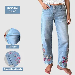 Flamingals Wash Floral Embroidery Mid Rise Straight Leg Jeans Womenswear Stretchy 26.8" Inseam