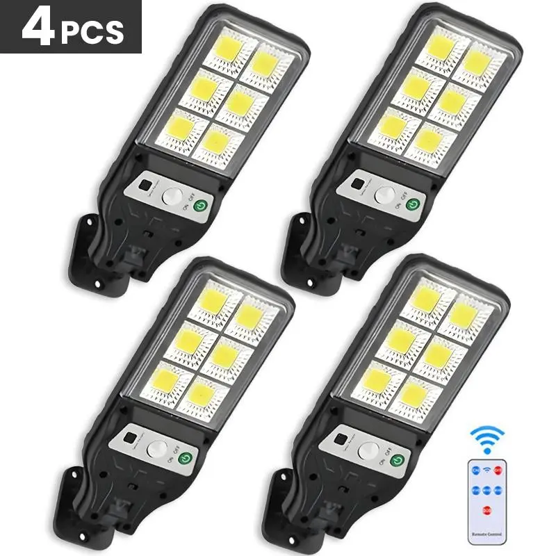 4 Pack Powered Outdoor Street Lights,Solar Outdoor Lights  Dusk, to Dawn Auto On/Off Flood Light with Remote Control, 3 Adjustable Lighting Modes, 60° Rotatable Bracket, IP65 Waterproof  Flood Lights for Yard, Porch,Garage, Patio, Motion, LED, Sensor