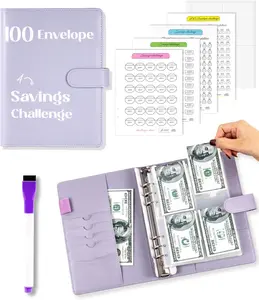 100 Envelopes Money Saving Challenge Binder A5 Large Leather Budget Organizer with Reusable Tracker Cards & Erasable Pen Gift for everyone with password lock
