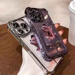 Pink rose electroplating pattern, anti-drop, non-slip TPU mobile phone protective case, suitable for iPhone 17 16 15 14 13 12 11 PRO MAX PLUS、AIR and iPhone X XS MAXand other series models, can be given as a gift to boys or girls unique phone case