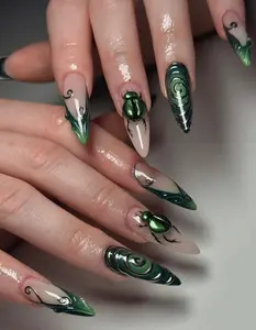 Emerald Beetle Press On Nails | Gothic Green Bug Nail Art | Nature Fantasy Chrome Nail| Spiraled Metallic Press Ons | Handmade Nail