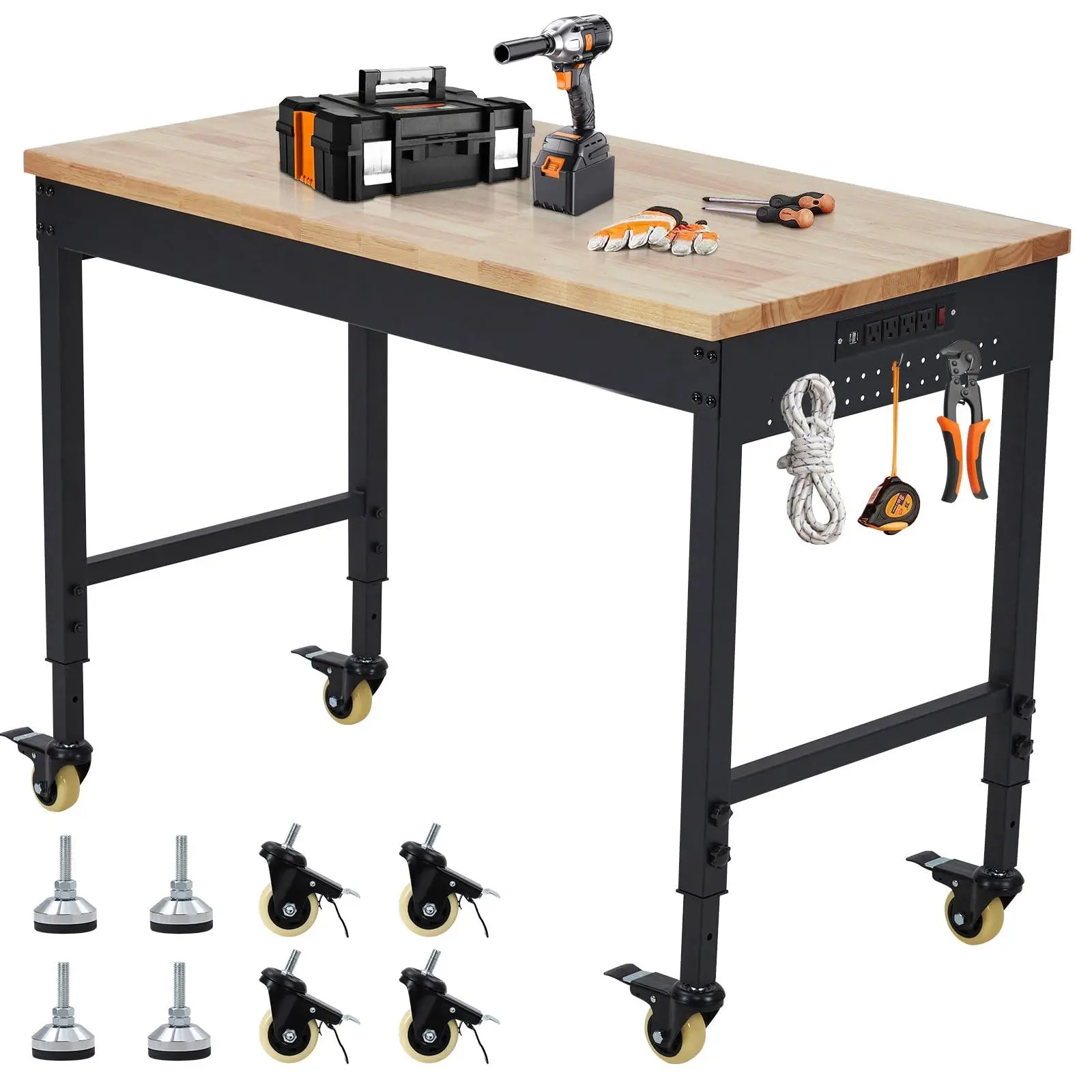 Sturdy Adjustable Wood Workbench (72x25x39.5 in) - 2000 Lbs Capacity, Eco-Friendly Varnish Top, Recessed Power Outlets, USB Ports, Durable Metal Frame, Swivel Casters with Wheel, Assembly Required Garage Workstation for Workshop Home